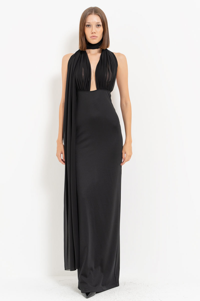 Black Tie Neck Yoke Split-Back Maxi Dress