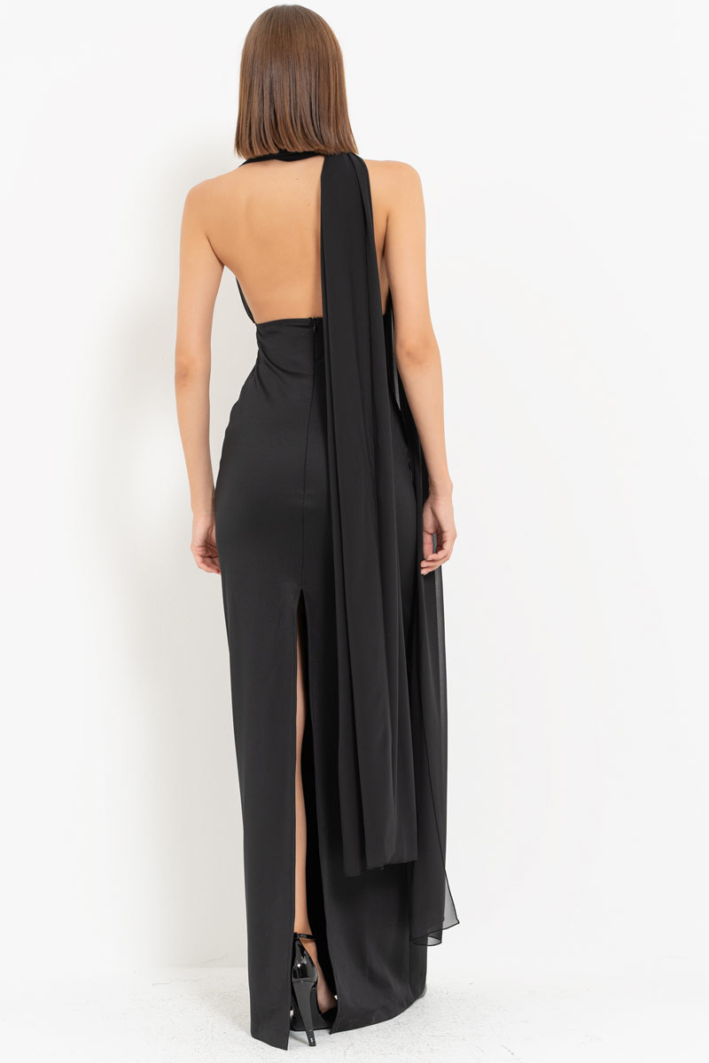 Black Tie Neck Yoke Split-Back Maxi Dress