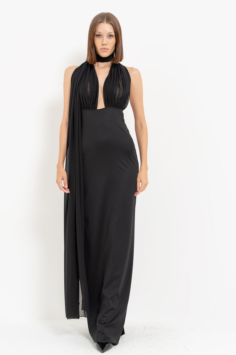 Black Tie Neck Yoke Split-Back Maxi Dress