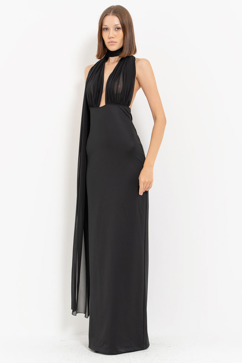 Black Tie Neck Yoke Split-Back Maxi Dress