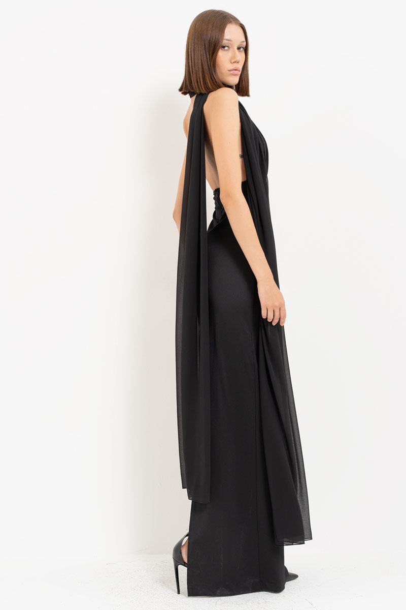 Black Tie Neck Yoke Split-Back Maxi Dress