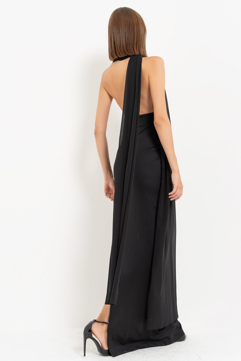 Black Tie Neck Yoke Split-Back Maxi Dress