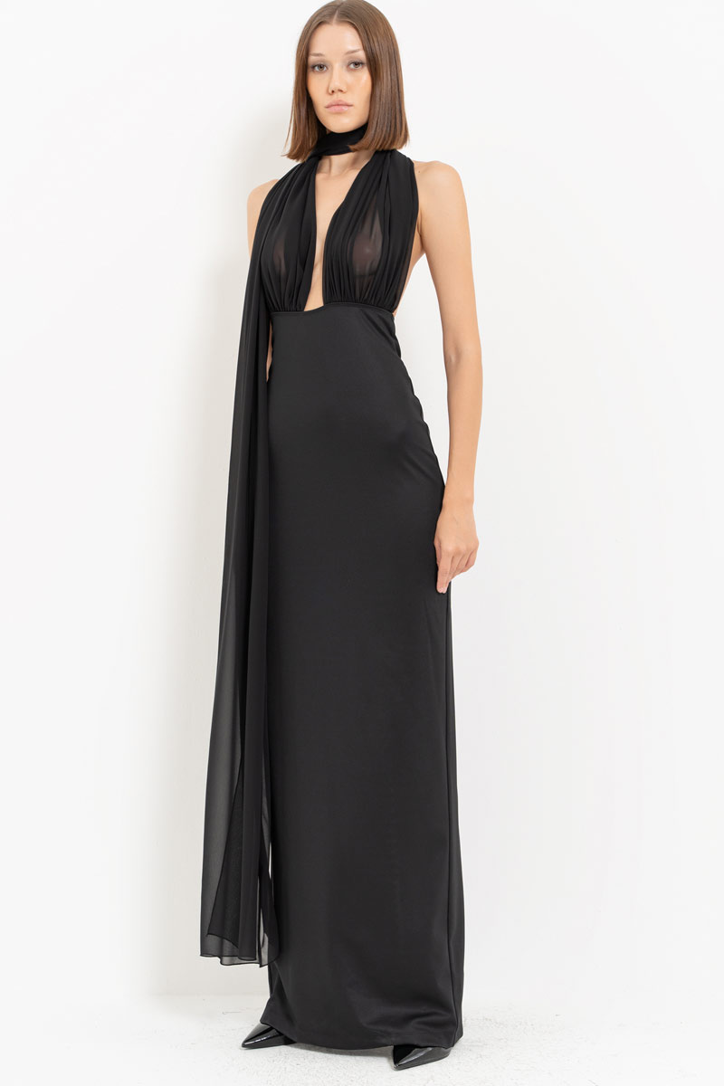 Black Tie Neck Yoke Split-Back Maxi Dress