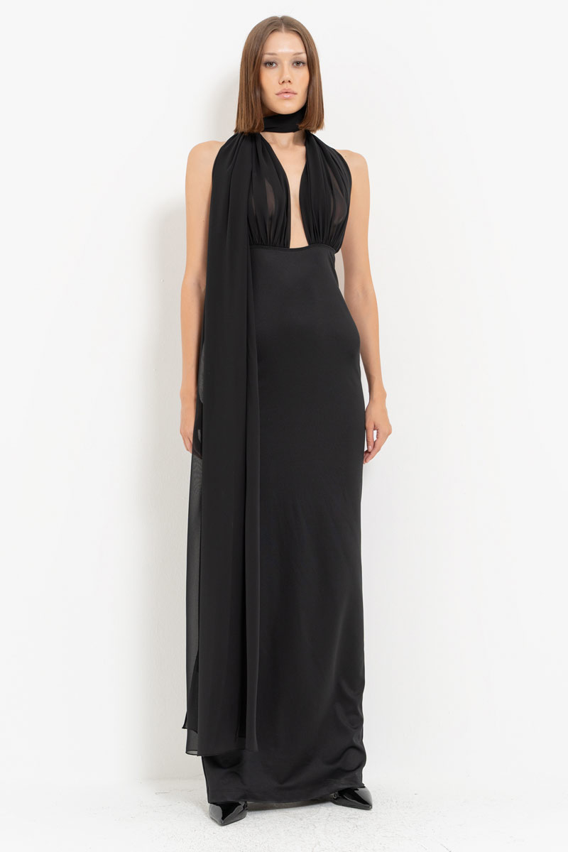 Black Tie Neck Yoke Split-Back Maxi Dress