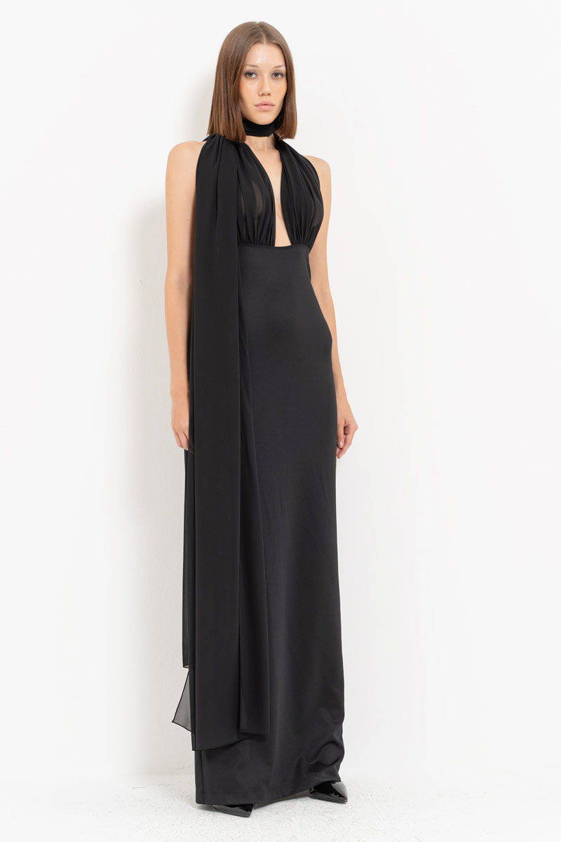 Black Tie Neck Yoke Split-Back Maxi Dress