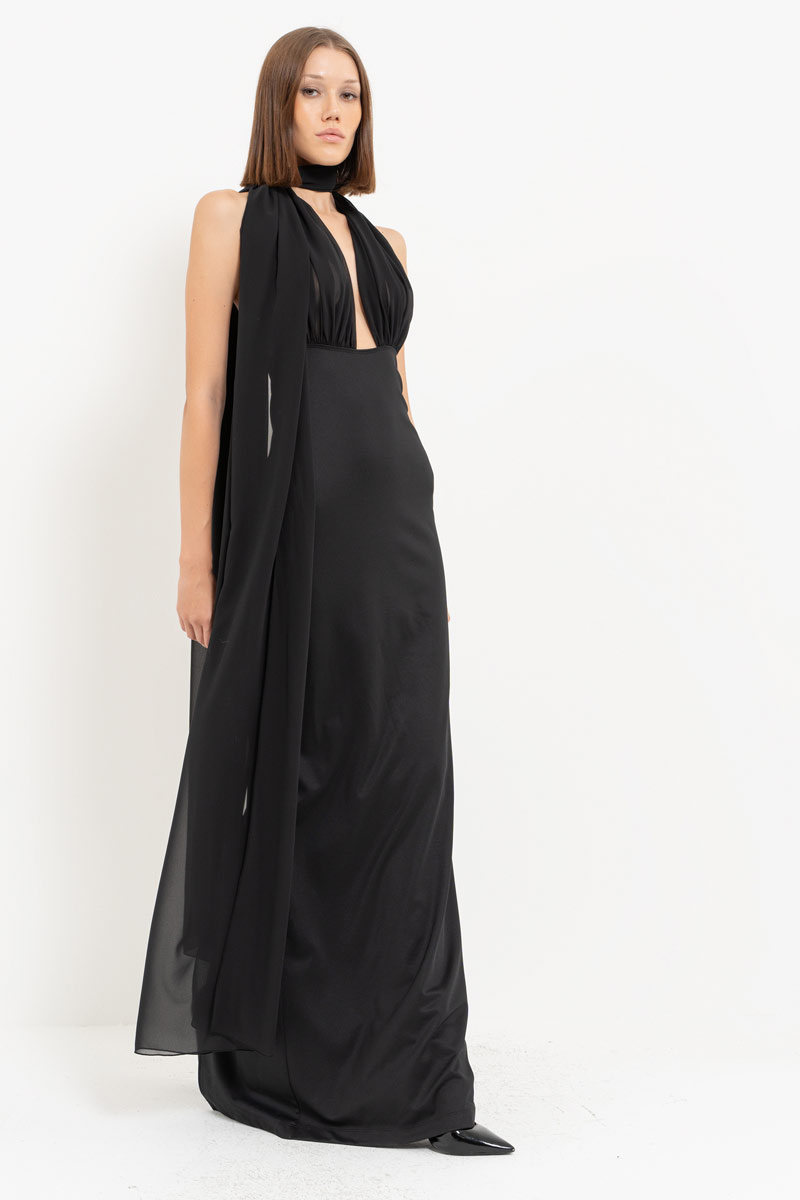 Black Tie Neck Yoke Split-Back Maxi Dress