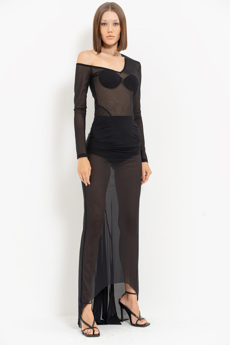 Sheer Black Off-the-Shoulder Maxi Dress