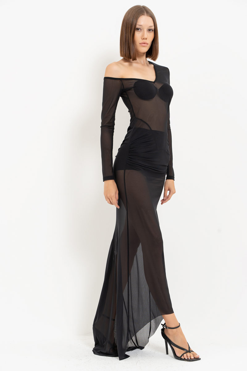 Sheer Black Off-the-Shoulder Maxi Dress