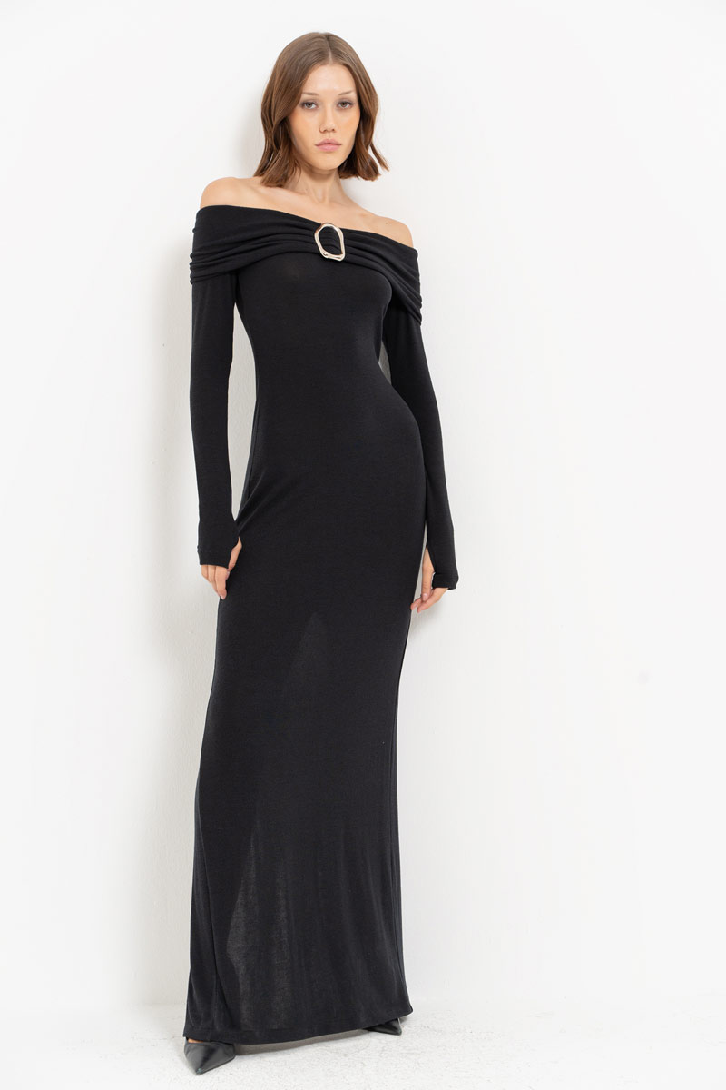 Black Off-the-Shoulder Split-Back Maxi Dress