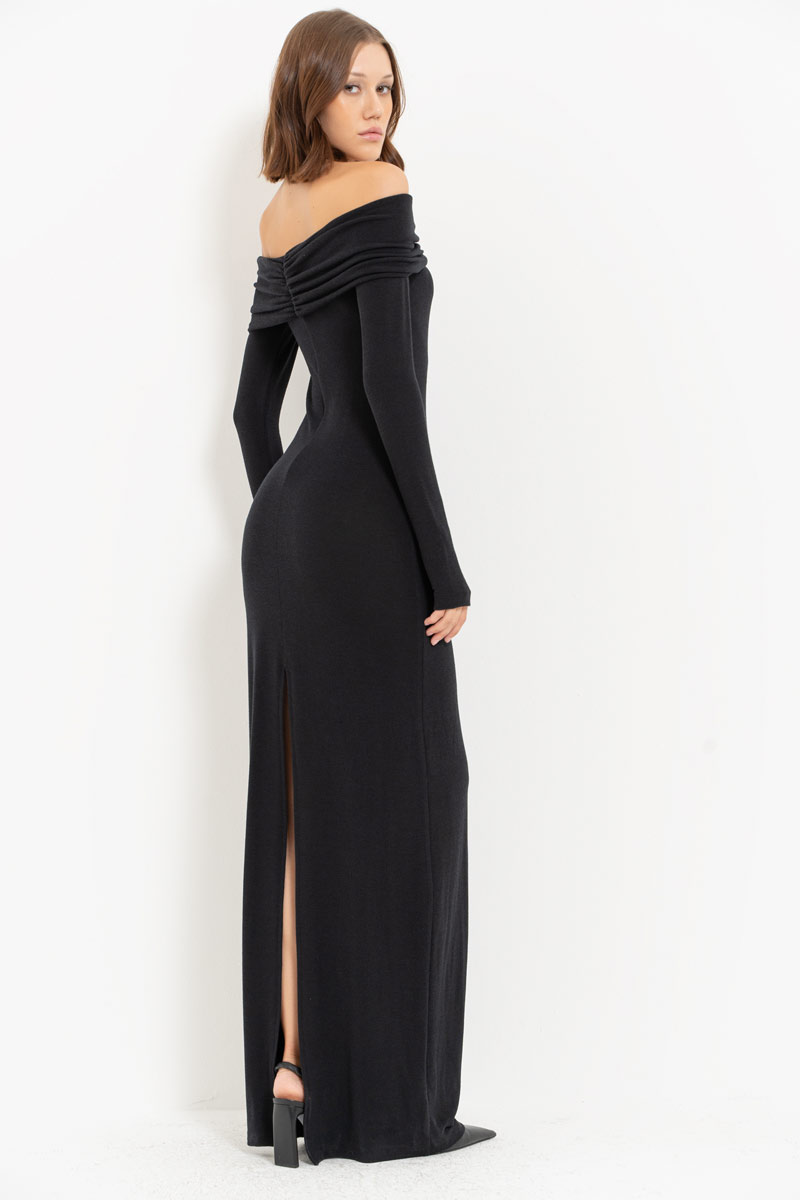 Black Off-the-Shoulder Split-Back Maxi Dress