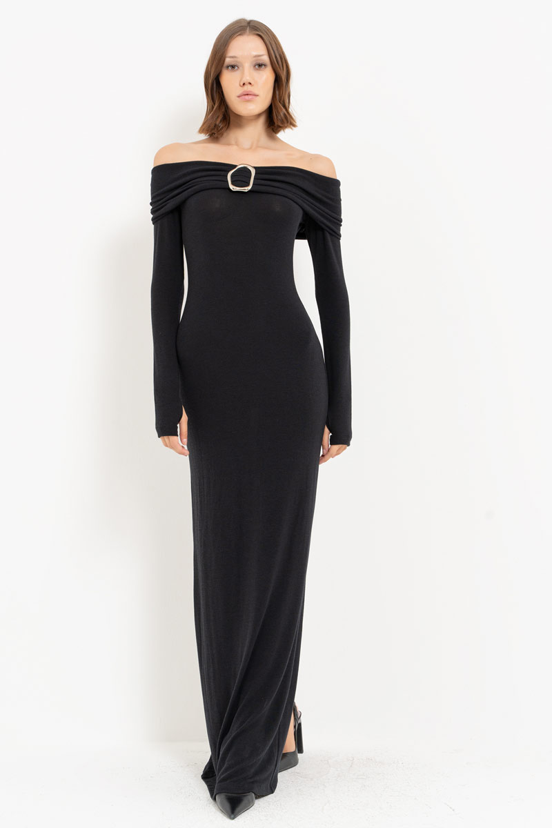 Black Off-the-Shoulder Split-Back Maxi Dress