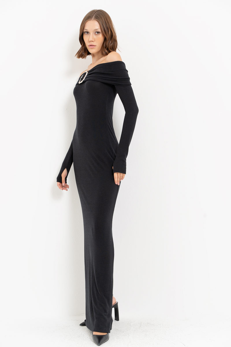 Black Off-the-Shoulder Split-Back Maxi Dress