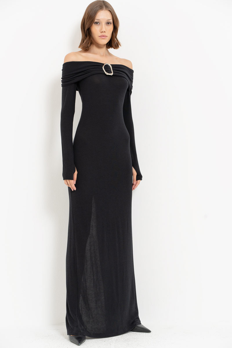 Black Off-the-Shoulder Split-Back Maxi Dress