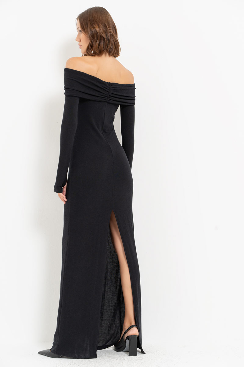 Black Off-the-Shoulder Split-Back Maxi Dress