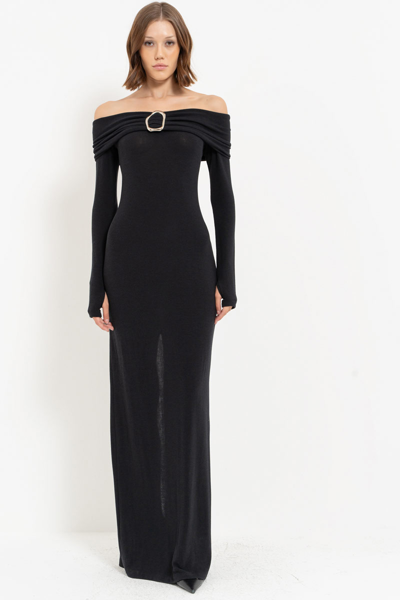 Black Off-the-Shoulder Split-Back Maxi Dress