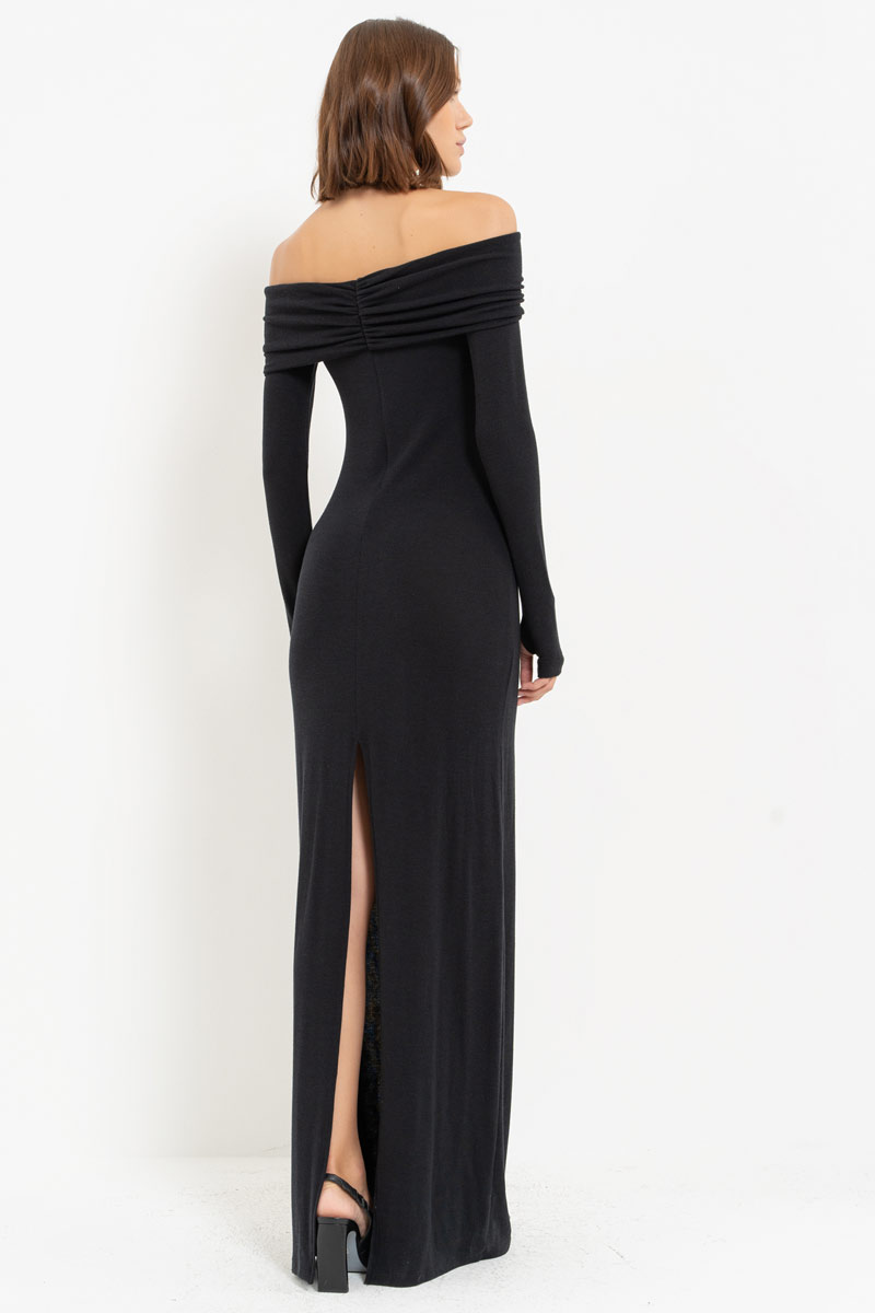 Black Off-the-Shoulder Split-Back Maxi Dress