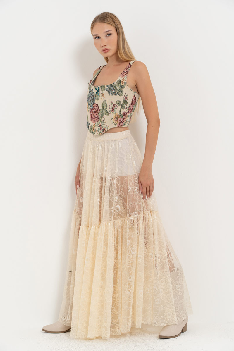 Cream Elastic-Waist Lace Maxi Skirt