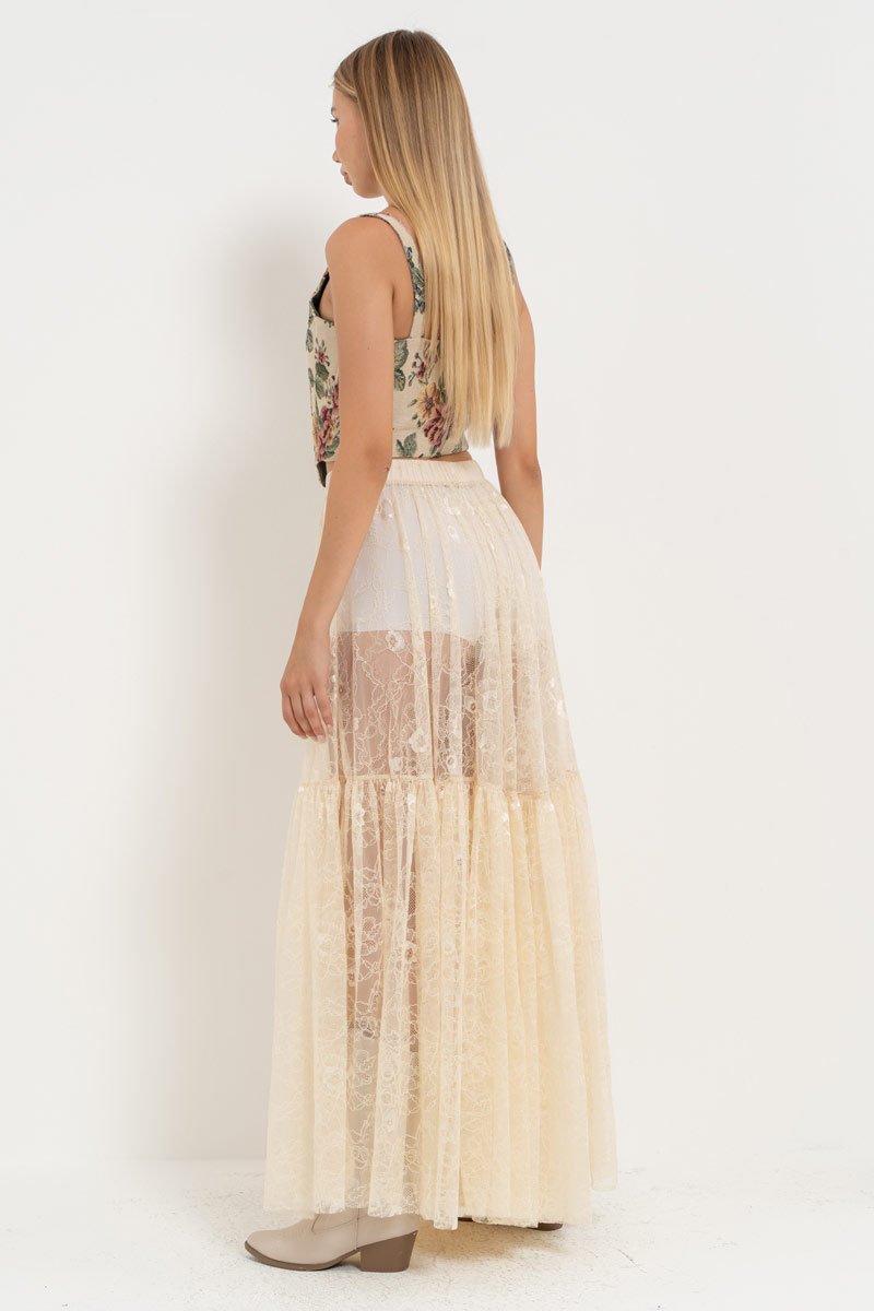 Cream Elastic-Waist Lace Maxi Skirt