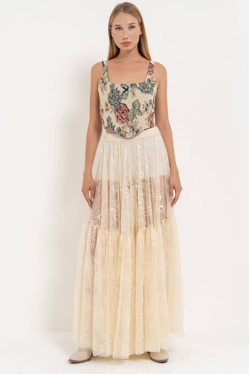 Cream Elastic-Waist Lace Maxi Skirt