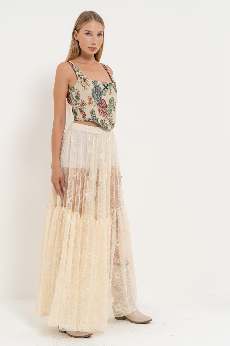 Cream Elastic-Waist Lace Maxi Skirt