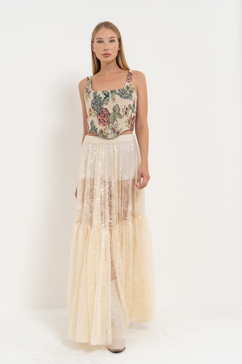 Cream Elastic-Waist Lace Maxi Skirt