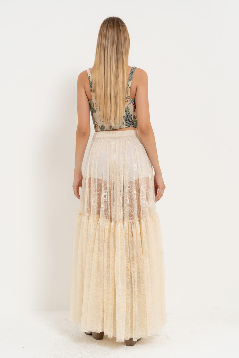 Cream Elastic-Waist Lace Maxi Skirt