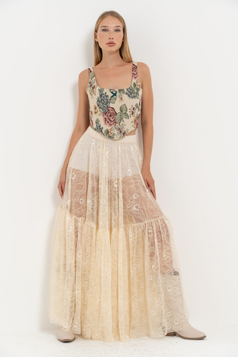 Cream Elastic-Waist Lace Maxi Skirt