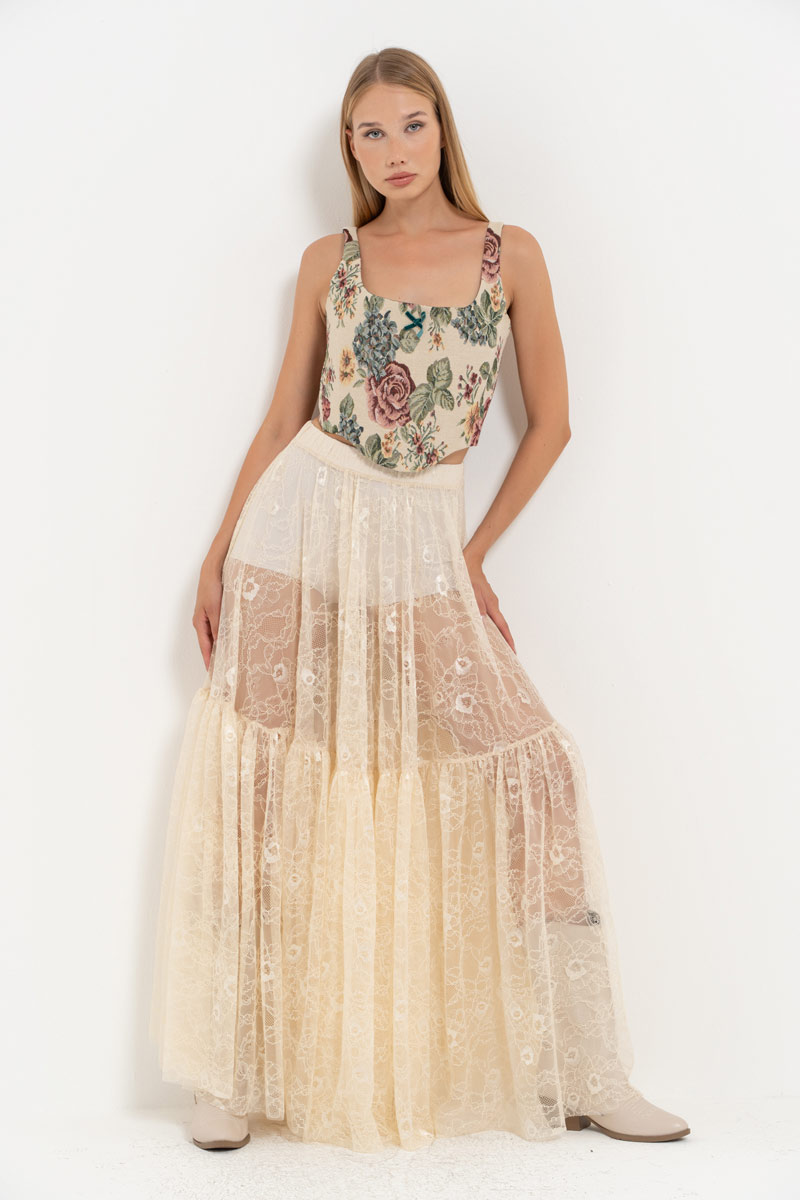 Cream Elastic-Waist Lace Maxi Skirt