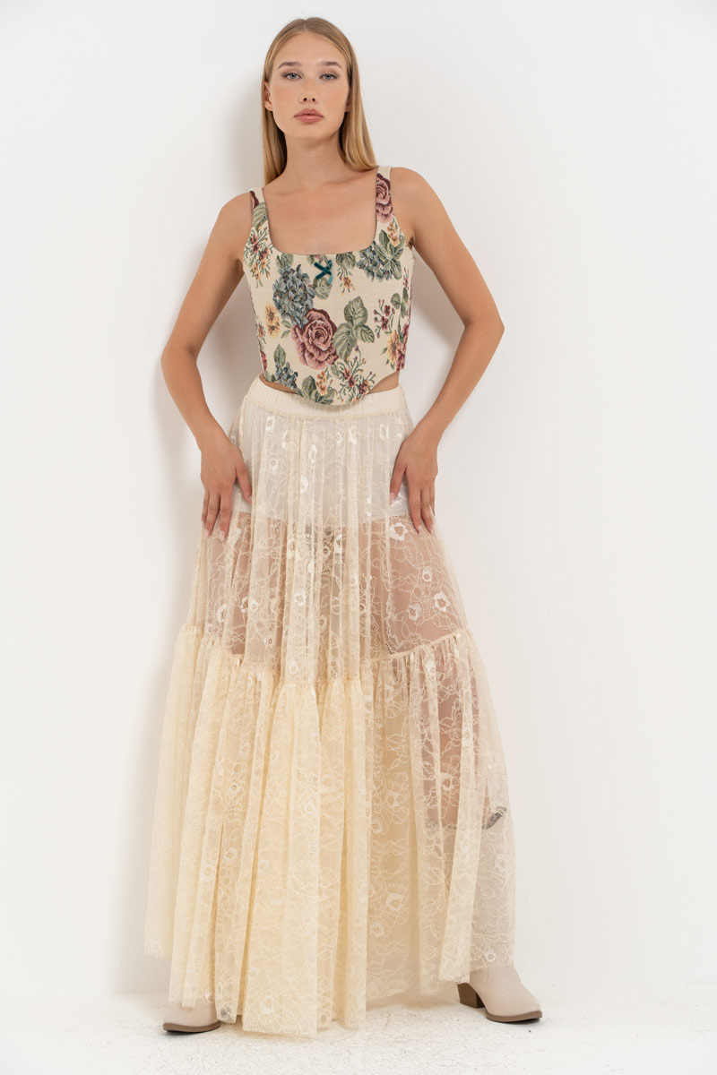 Cream Elastic-Waist Lace Maxi Skirt