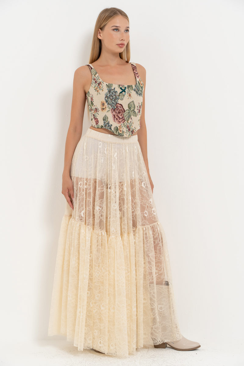 Cream Elastic-Waist Lace Maxi Skirt