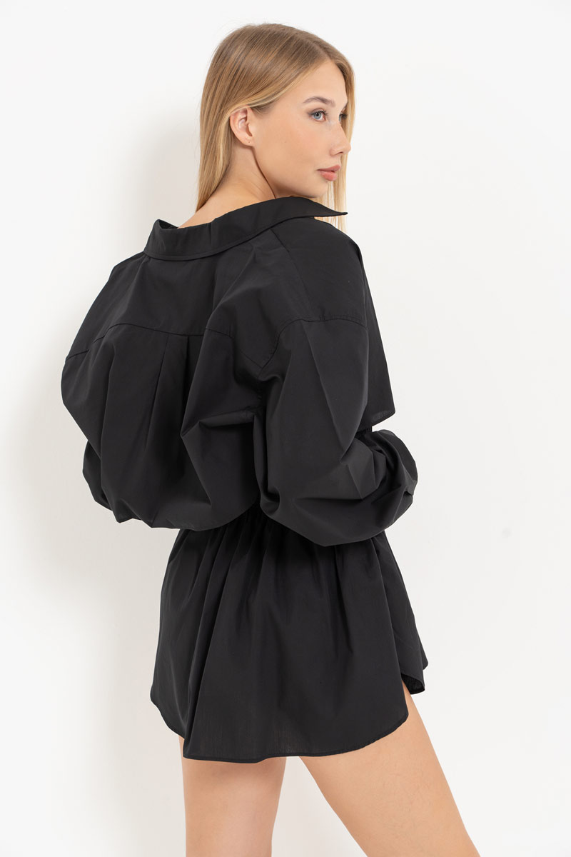 Black Smocked Poplin Mini Dress & Shirt Set