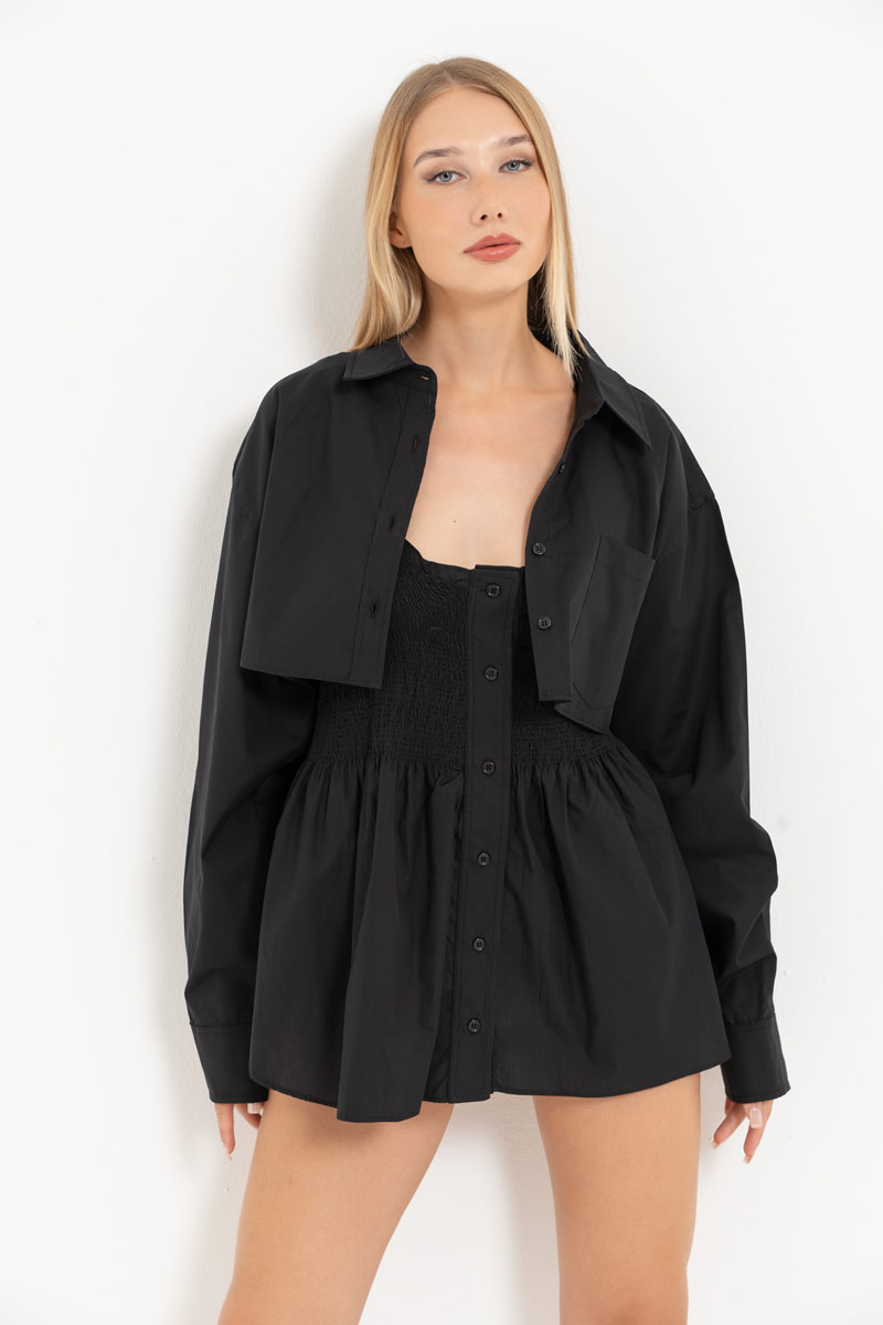 Black Smocked Poplin Mini Dress & Shirt Set