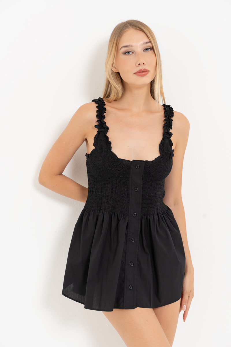 Black Smocked Poplin Mini Dress & Shirt Set