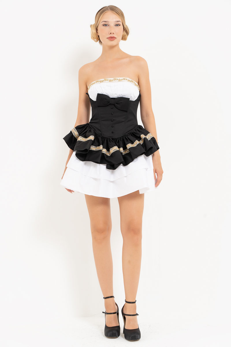 Offwhite-Black Tiered-Ruffle Tube Mini Dress