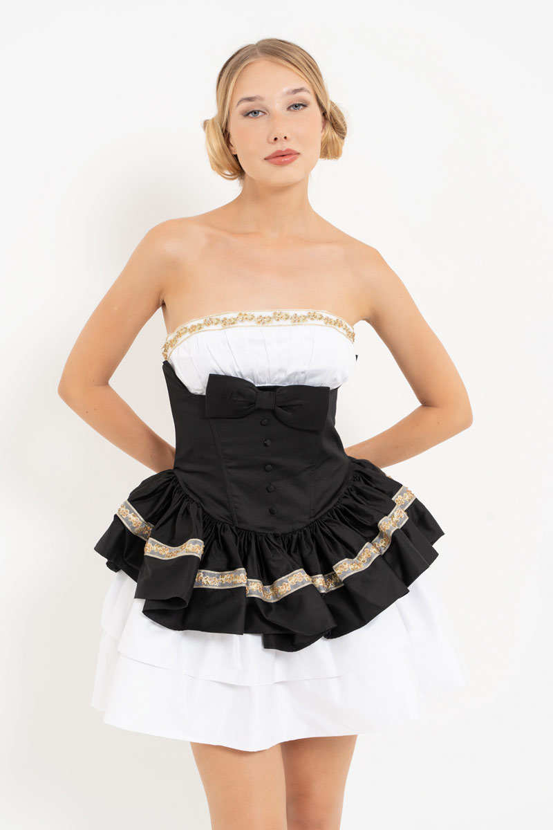 Offwhite-Black Tiered-Ruffle Tube Mini Dress