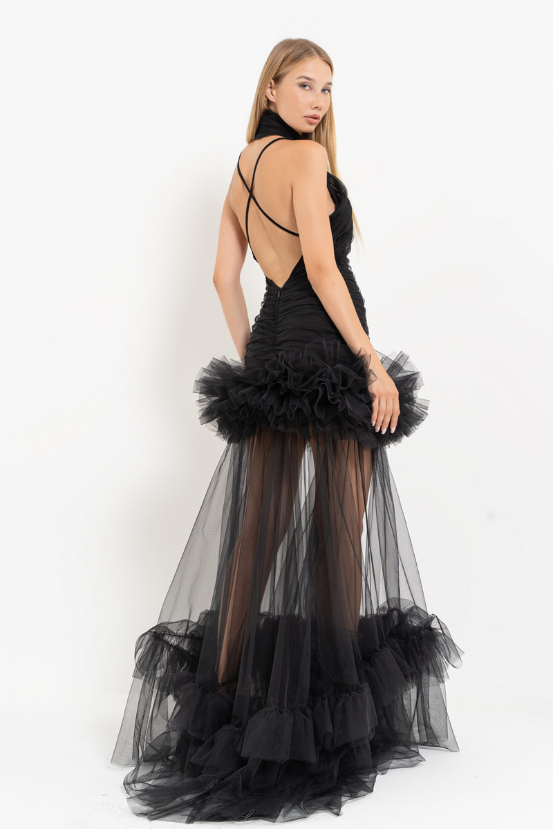 Black Ruffle-Trim Tulle Maxi Dress