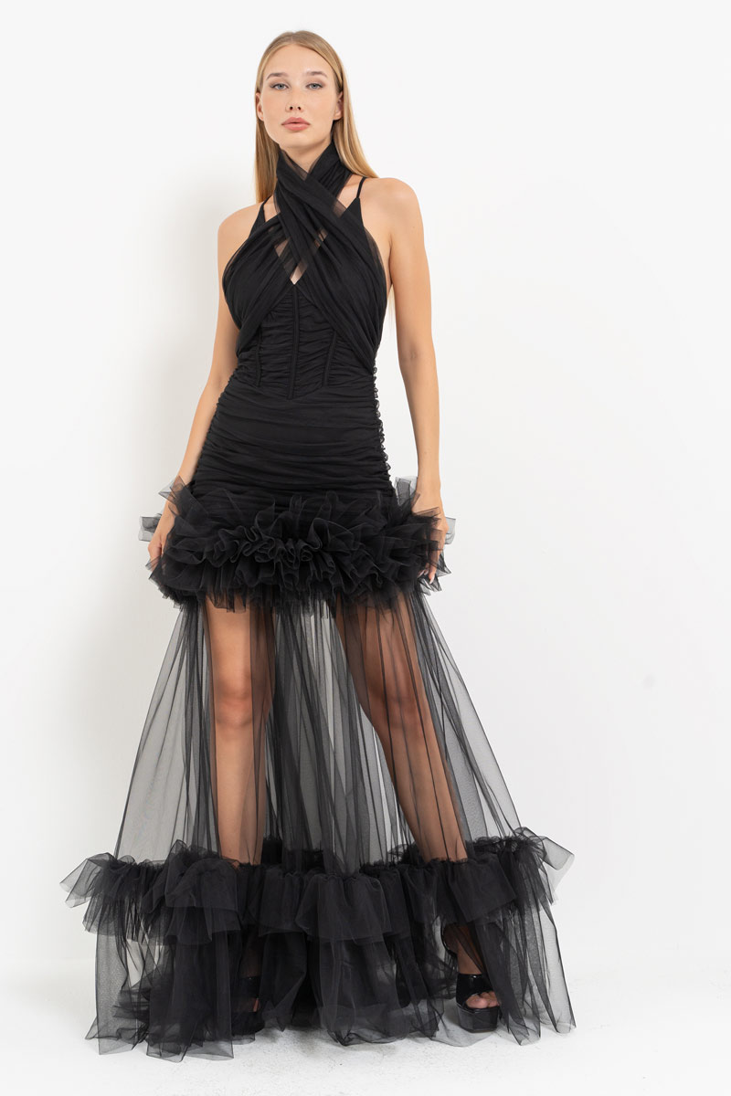 Black Ruffle-Trim Tulle Maxi Dress