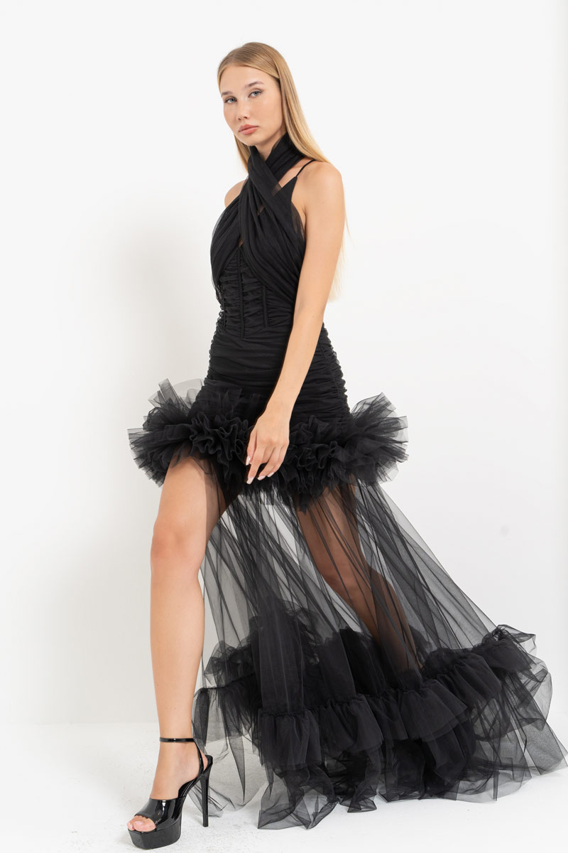 Black Ruffle-Trim Tulle Maxi Dress