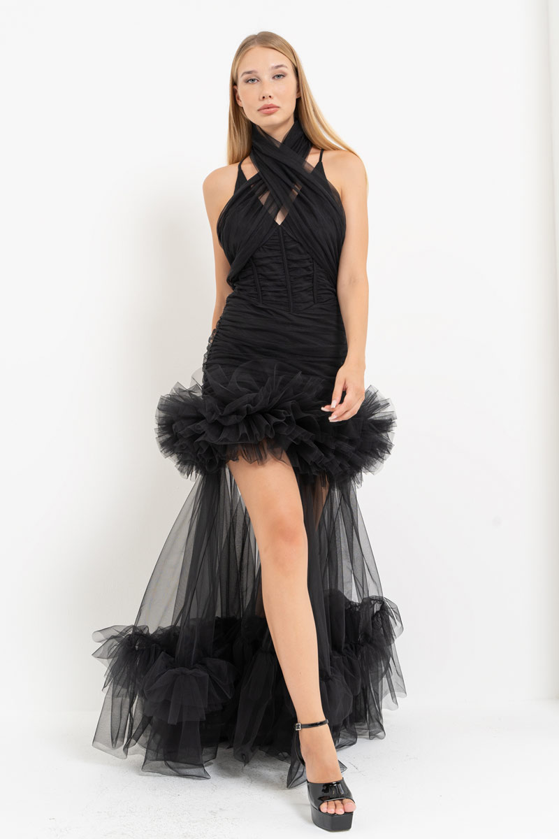 Black Ruffle-Trim Tulle Maxi Dress