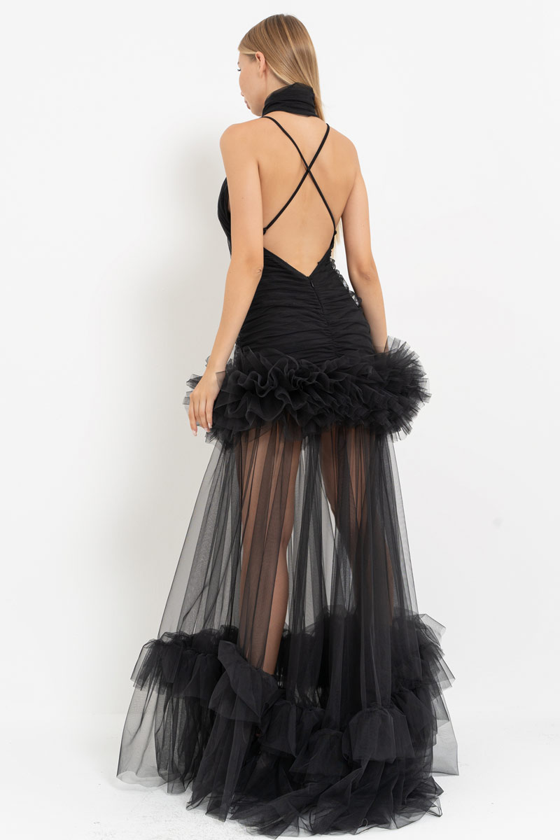 Black Ruffle-Trim Tulle Maxi Dress