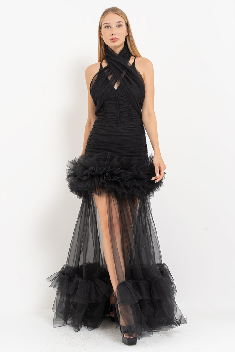 Black Ruffle-Trim Tulle Maxi Dress