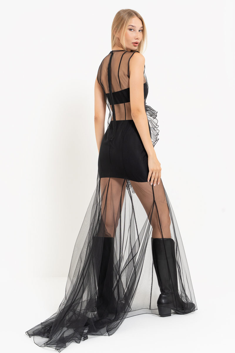 Black Sleeveless Mesh Maxi Dress