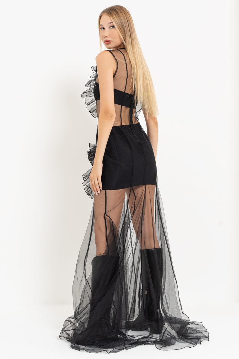 Black Sleeveless Mesh Maxi Dress