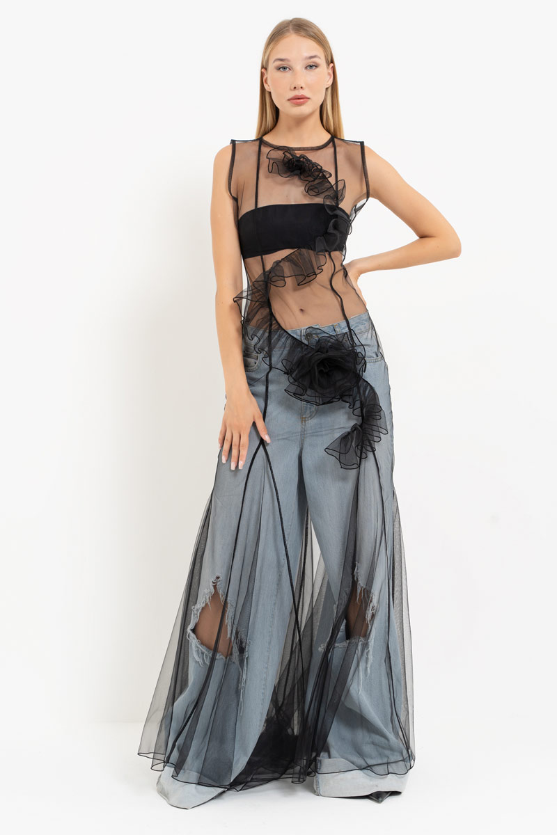 Black Sleeveless Mesh Maxi Dress