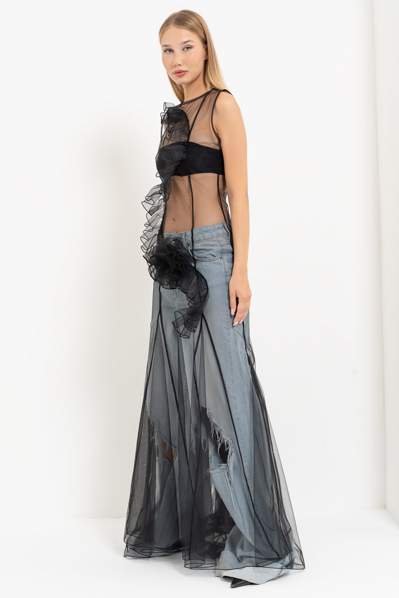 Black Sleeveless Mesh Maxi Dress