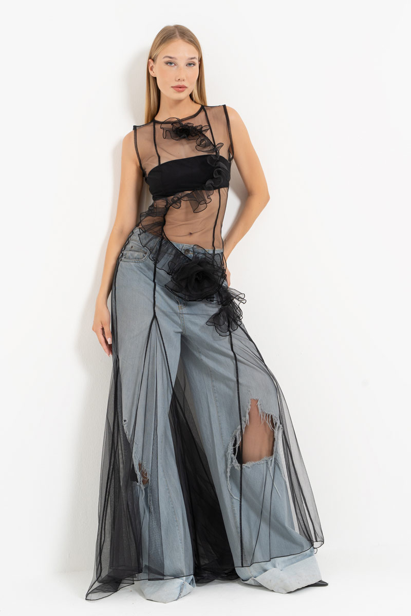 Black Sleeveless Mesh Maxi Dress