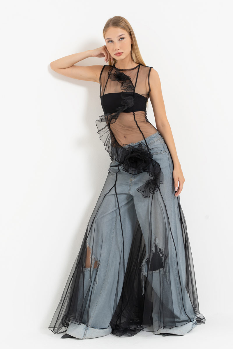 Black Sleeveless Mesh Maxi Dress