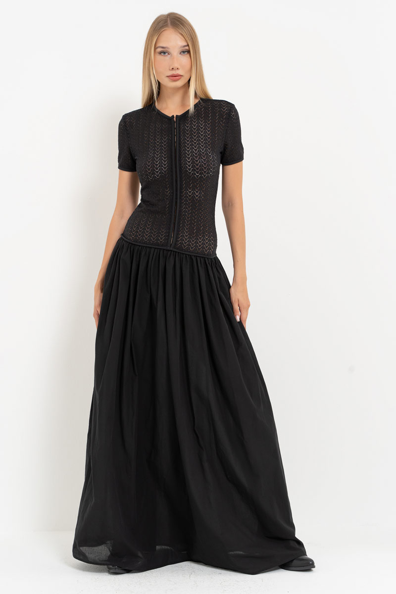 Black Hook-and-Eye Maxi Dress with Mesh Top