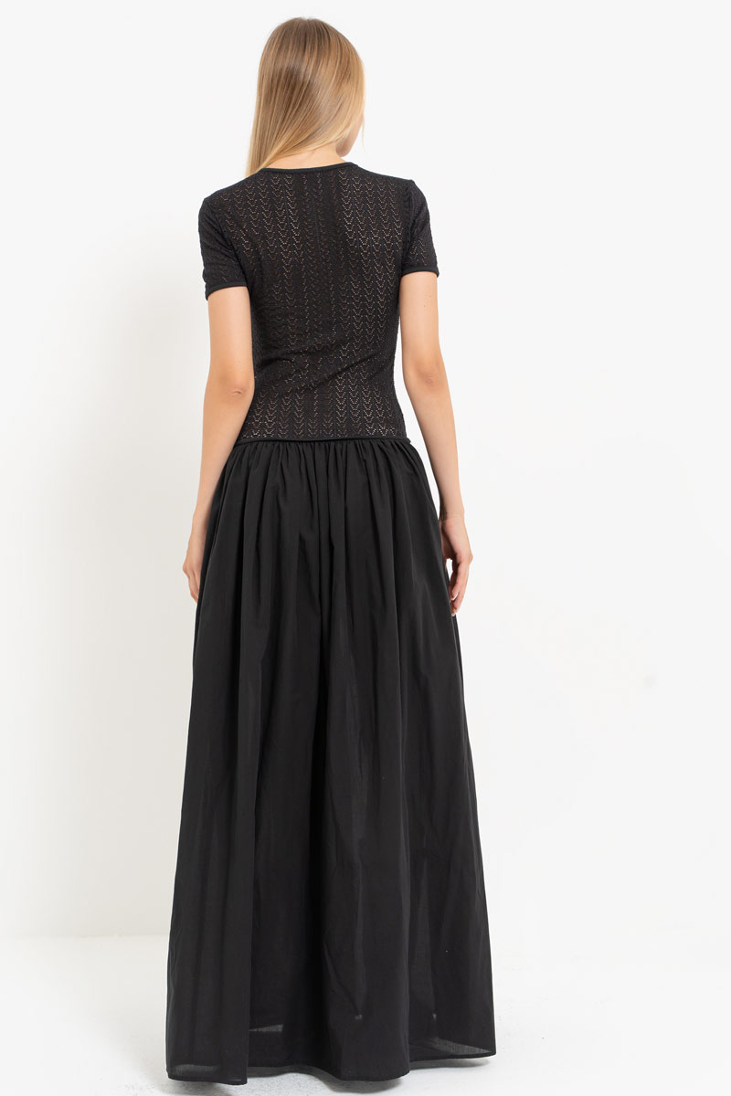 Black Hook-and-Eye Maxi Dress with Mesh Top