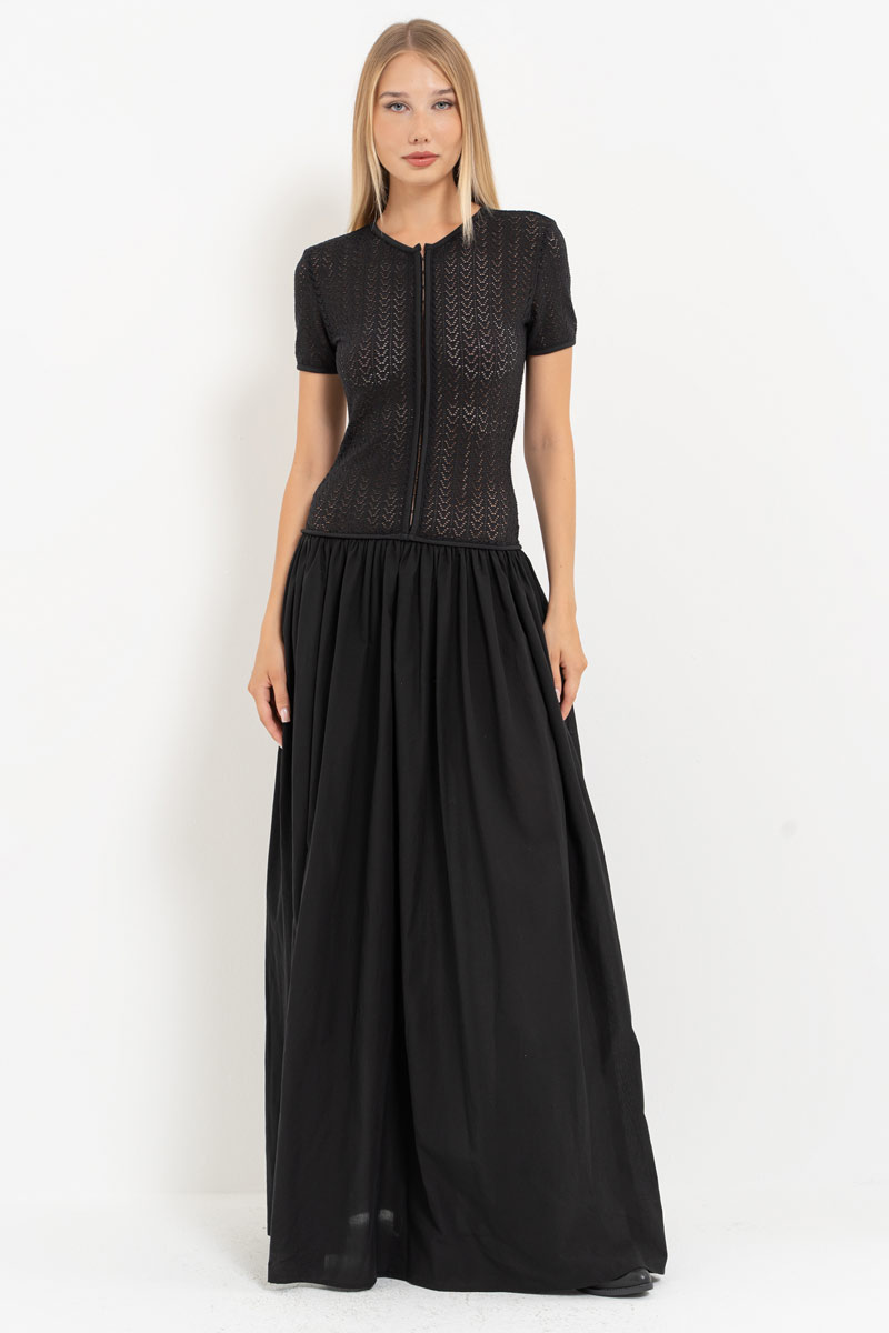 Black Hook-and-Eye Maxi Dress with Mesh Top